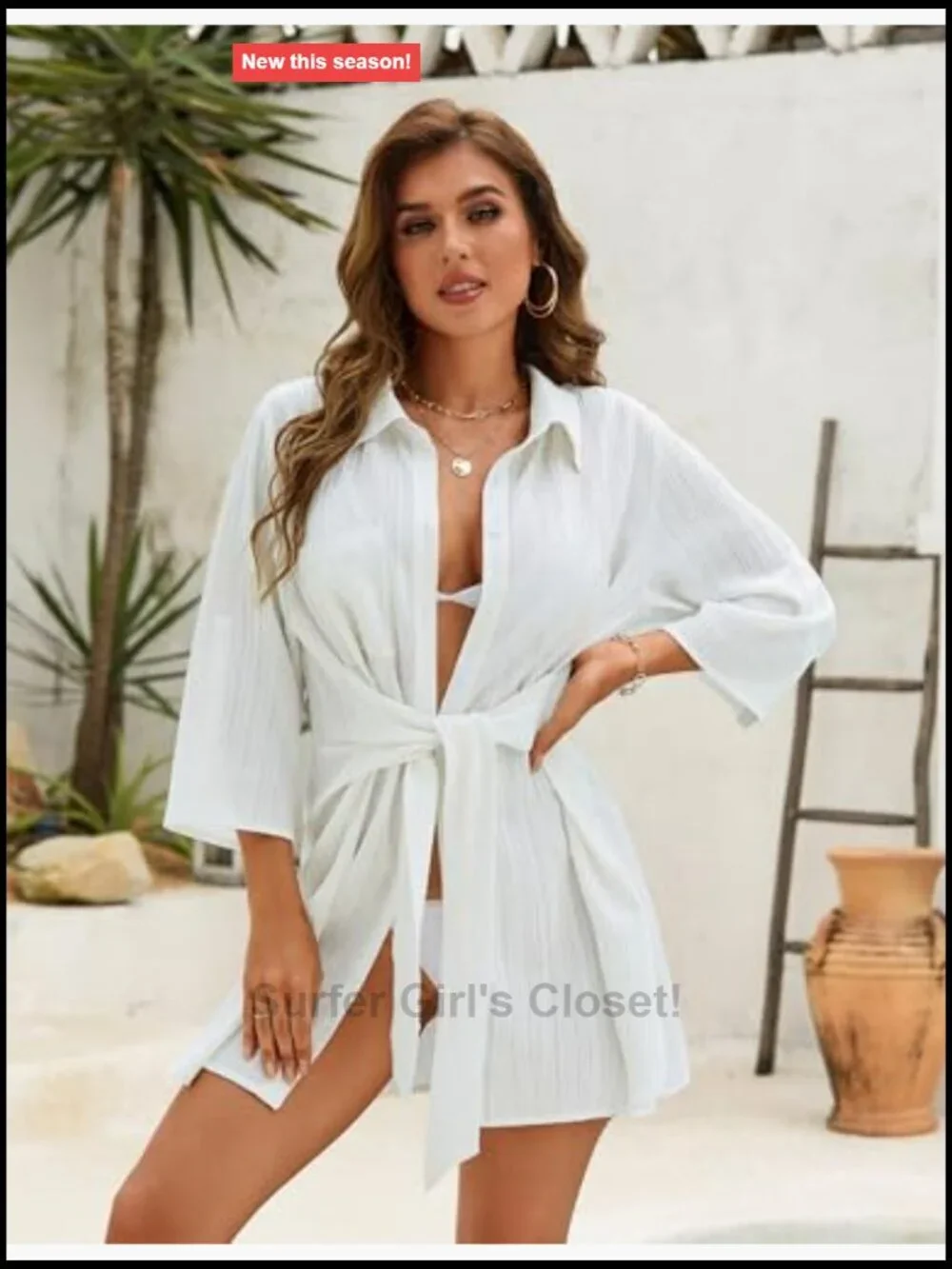 Women's Swimsuit Cover Up Tie Side Beach Dress Shirt 3/4 Sleeve